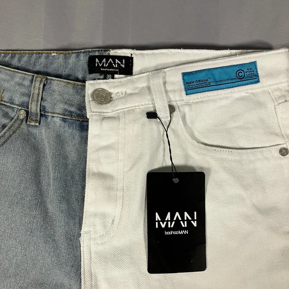 BoohooMAN Men's Size 30 Loose Fit Spliced Denim‎ Shorts Ice Blue